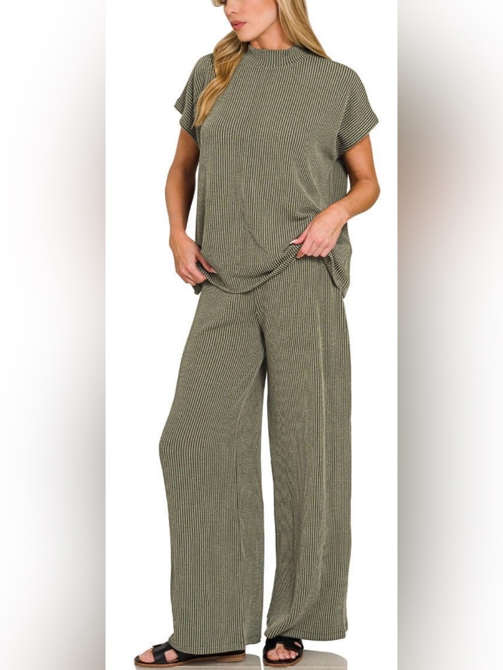 Wide Leg Pants Set - Olive Relaxed Ribbed comfort coastal minimalist